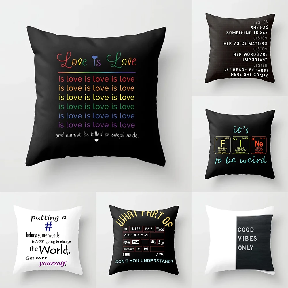 Home decor cushion cover black and white alphabet print polyester pillowcase for bedroom living room 45x45cm funda de almohada