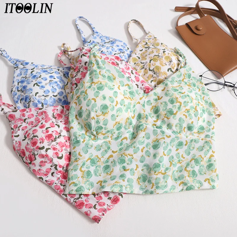 

ITOOLIN Cute Crop Tops Women Printing Slim Camis With Bra Pad Summer Sexy Backless Tops Spaghetti For Women Sweet Camisole