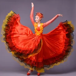 360 Degree Performance Stage Practice Dance Dress Gypsy Girls Women Spanish Flamenco Skirt Striped Satin Belly Dancing Costume