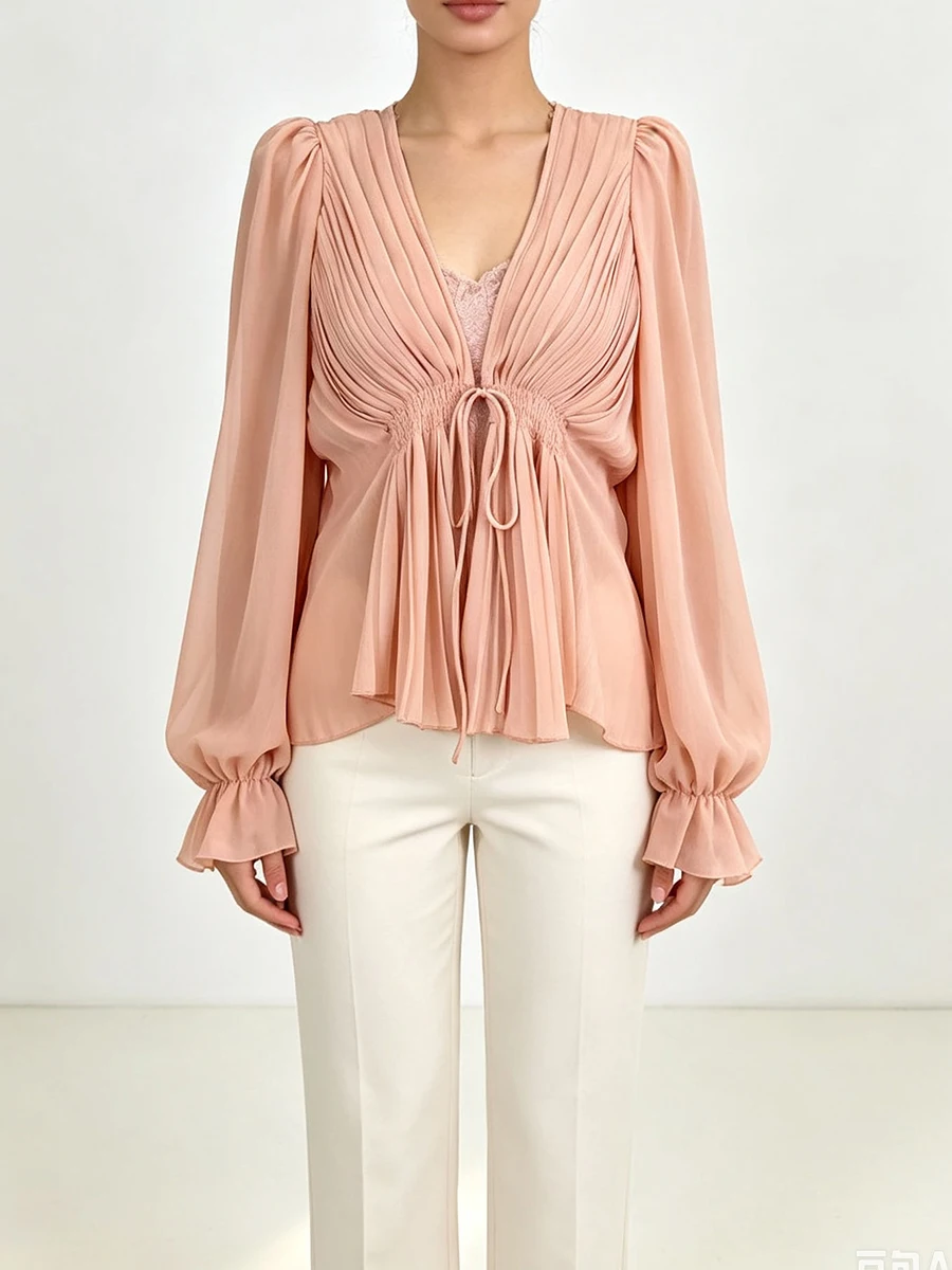 TWOTWINSTYLE Ruched Loose Solid Spliced Blouse for Women V Neck Puff Sleeve Patchwork Lace Up Casual Blouses Female Fashion New