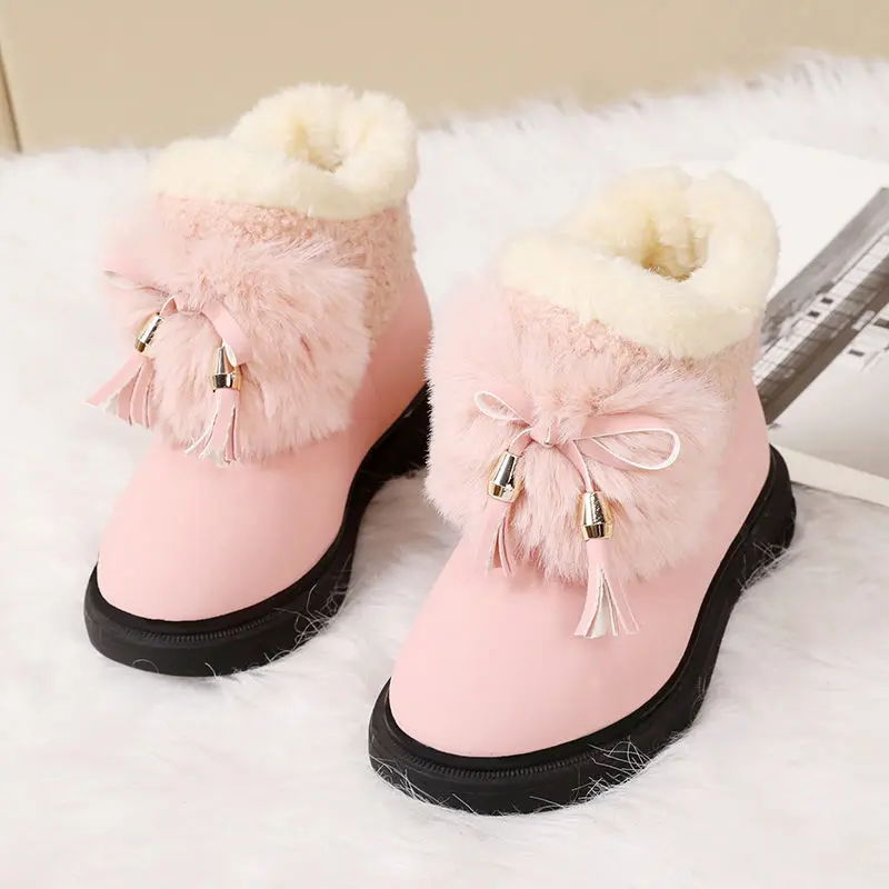 Anti-Slippery Bowknot Girls Snow Boots Plus Velvet Thickening Winter Little Girls Cotton Shoes Children\'s Short Boots Baby Boots