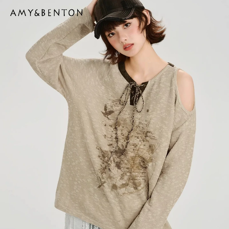 

2026 Spring Asymmetrical Off-Shoulder Women's Long-Sleeve T-Shirt Original Design Loose Versatile Slimming Tie-Up T-Shirt Ladies