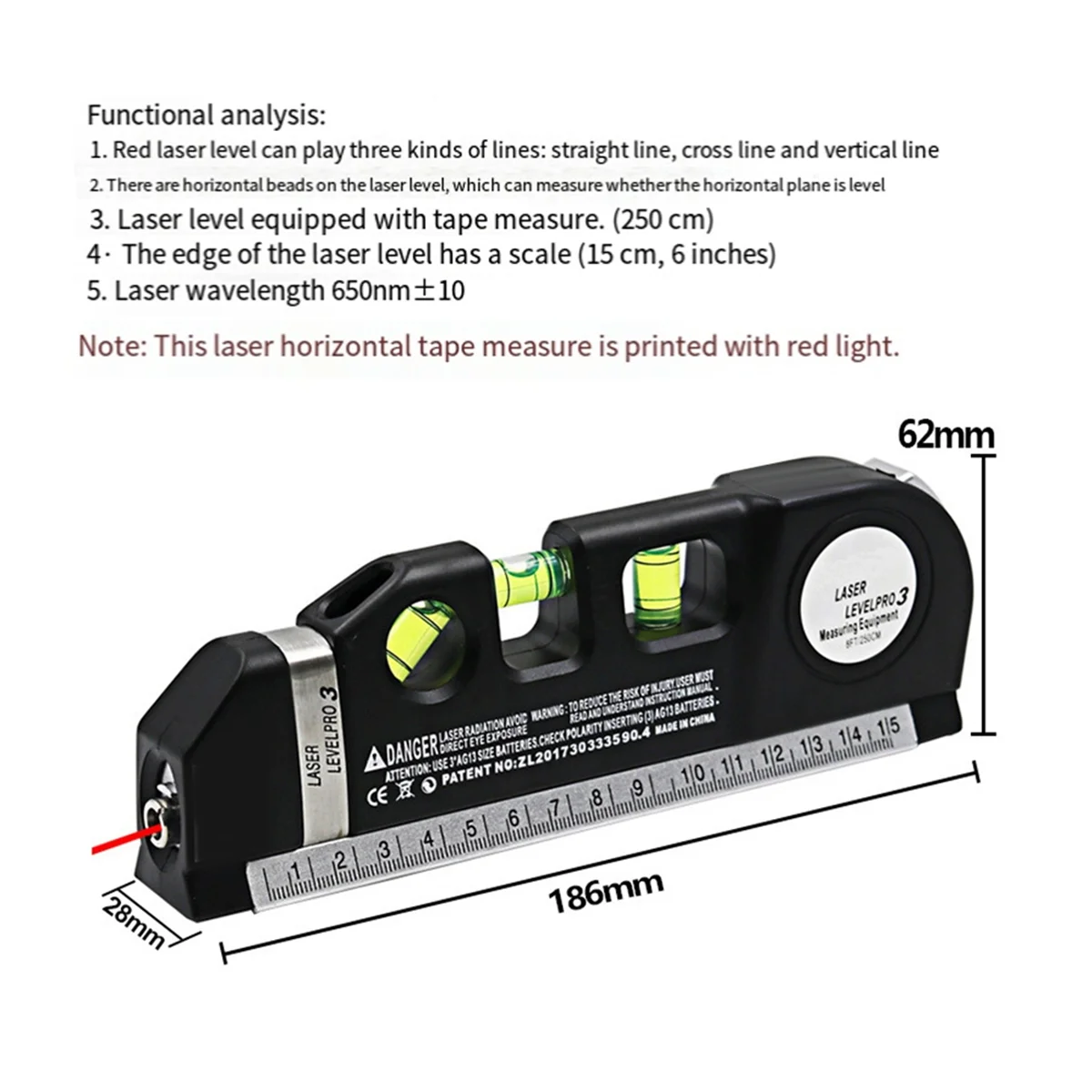 Penggaris Laser serbaguna, penggaris Laser multifungsi Level Laser dan Spirit Level metrik garis lurus Horizon