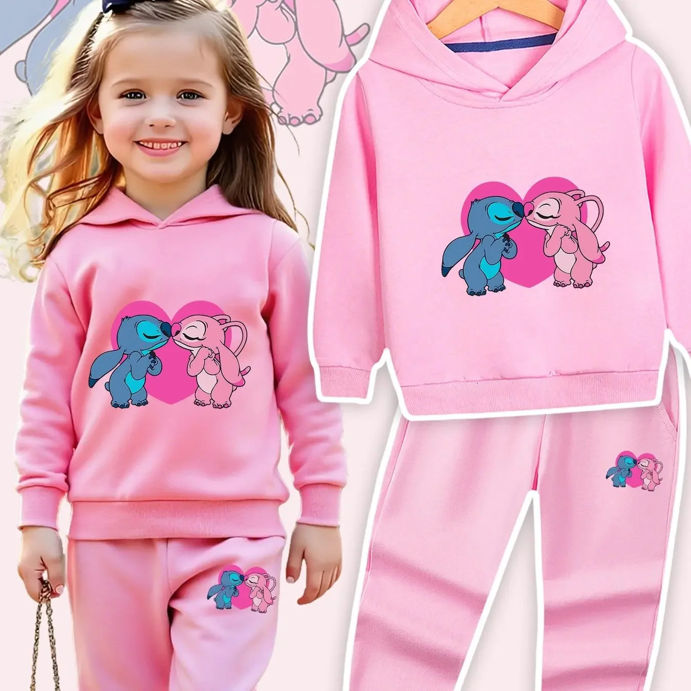 

Pants Set Disney Lilo & Stitch: A Heartfelt Kiss Against a Pink Background Children's Casual Sports hooded Long Sleeve Pullover,