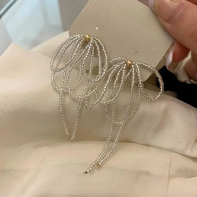 Korean Style Light Luxury Elegant Crystal Bow Tassel Dangle Earrings For Women Fashion Elegant Tassel Jewelry Party Gifts