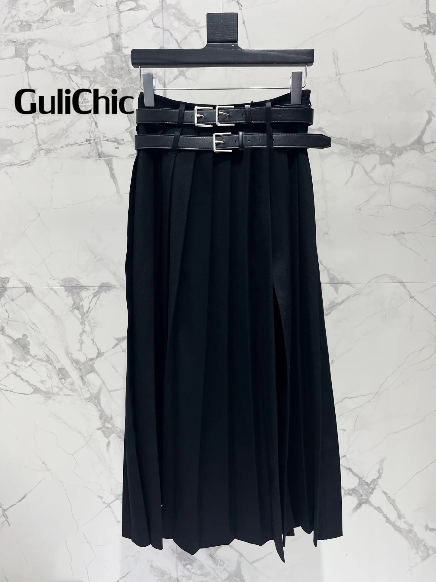 8.14 GuliChic Women High Quality Temperament Fashion Double Belt Design Side Split Pleated Long SKirt Or Mini Skirt