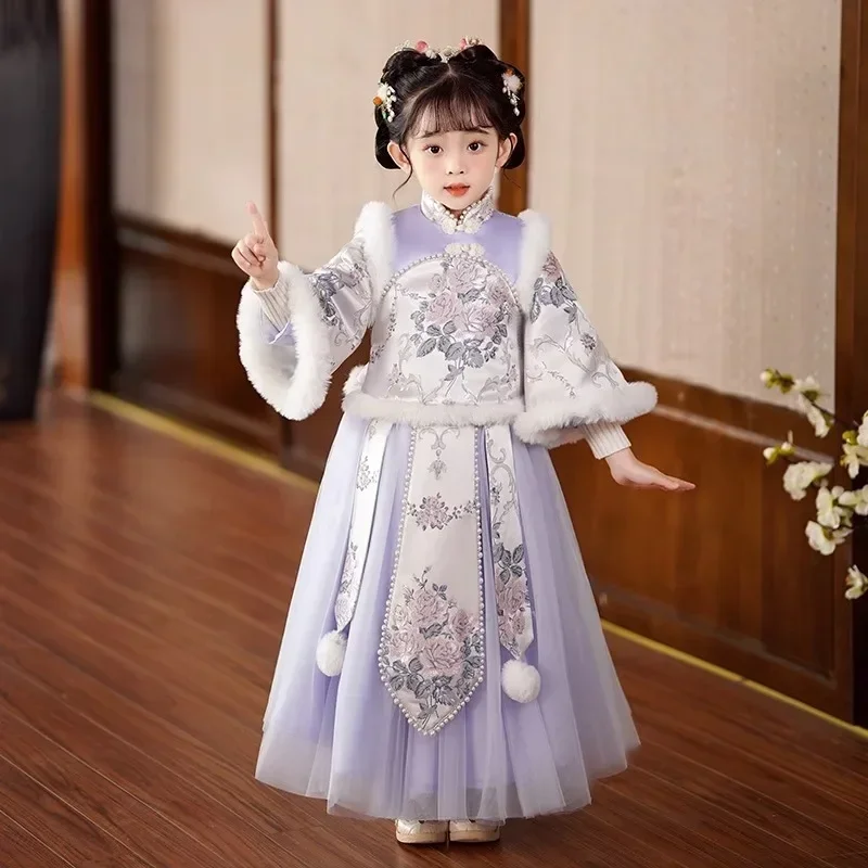 

Girl Hanfu winter Chinese style ancient skirt hairball lovely embroidery stand collar Tang suit thick New Year clothes