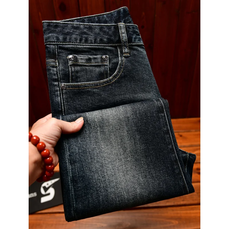 

Осень 2023, легкие роскошные джинсы, мужские толстые модные легкие роскошные эластичные повседневные модные брюки на маленькой ноге