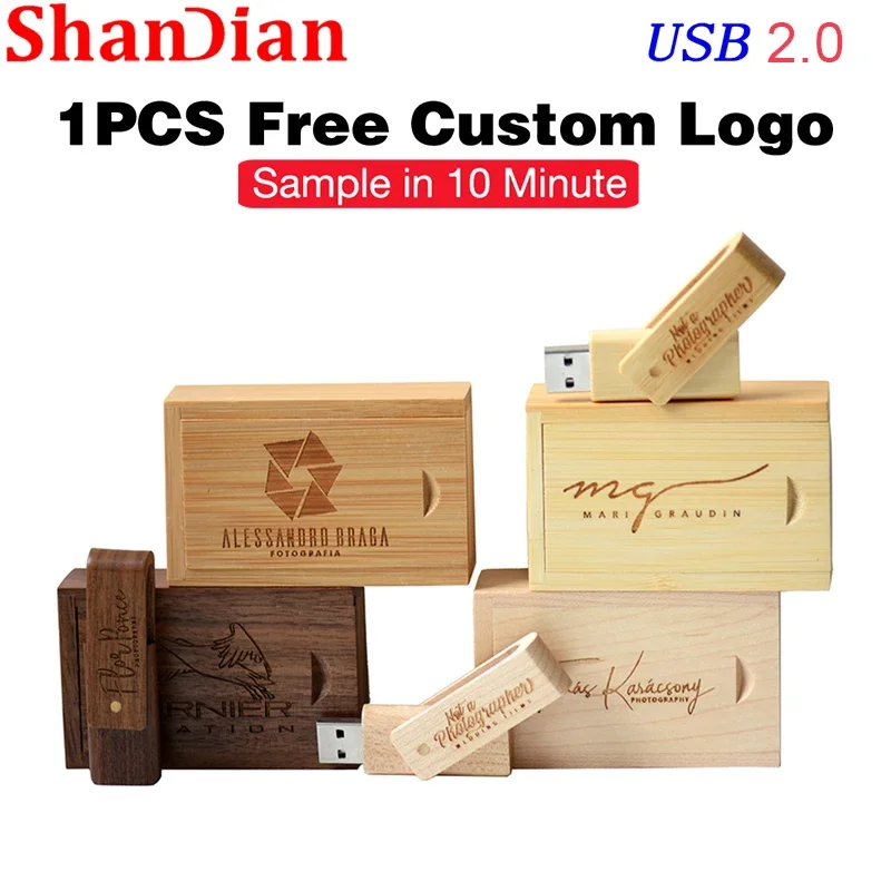 128GB Free Custom Logo Pen Drive Wooden Rotatable USB Flash Drive 64GB Box Creative Wedding Gift 32GB Fast Transmission U Disk