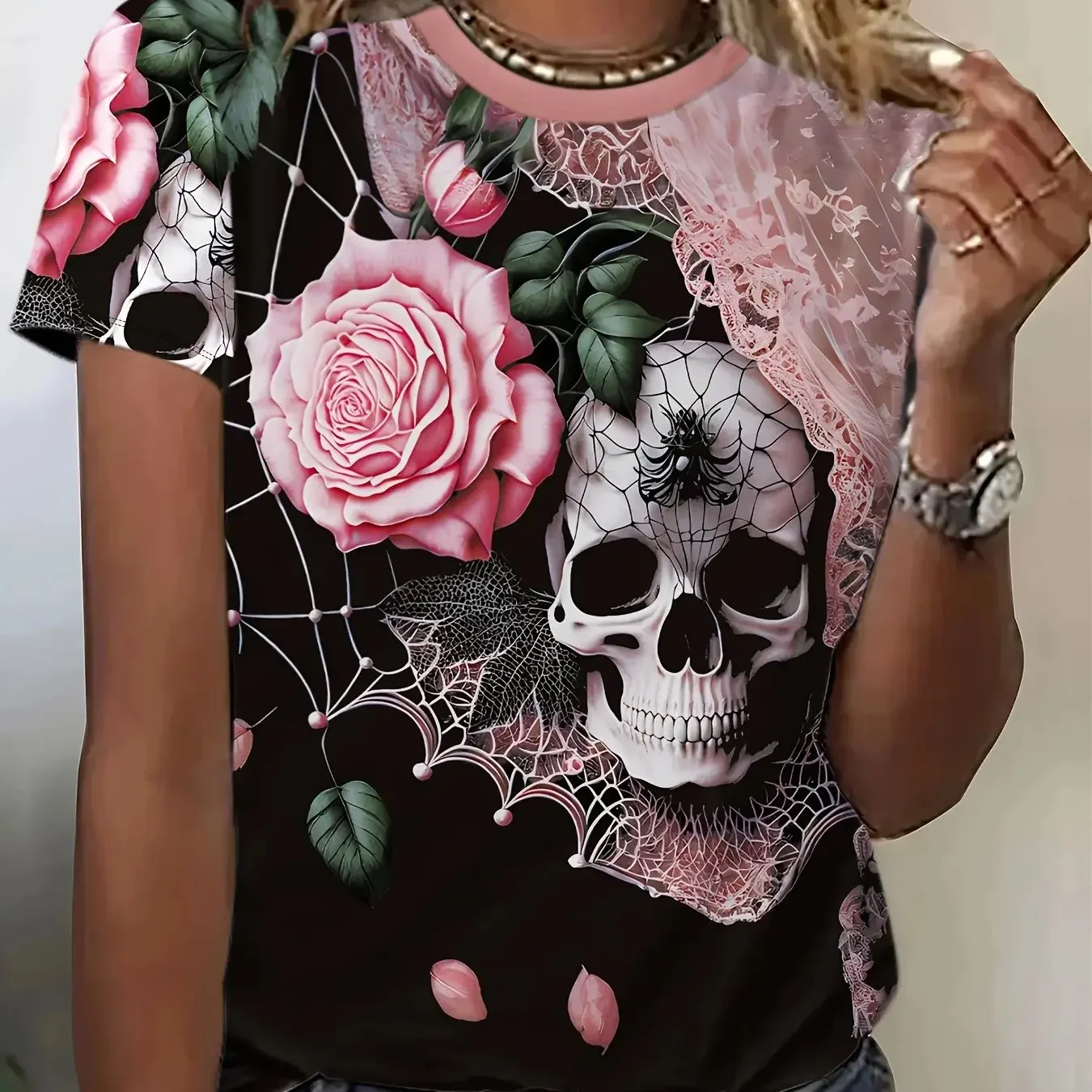 Taglie forti 1XL-5XL Maglietta da donna Teschio e fiore Modello 3D Stampato T-shirt casual a maniche corte Girocollo Top estivo
