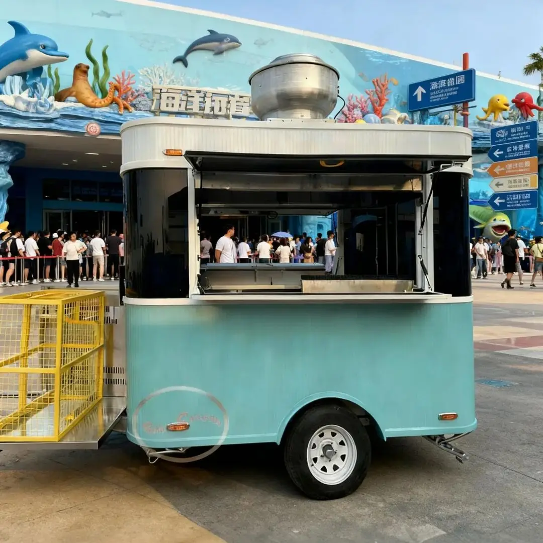 

Outdoor Food Trailer Fresh Style Light Blue & White Combination Large Operation Window Commercial Mobile Kitchen
