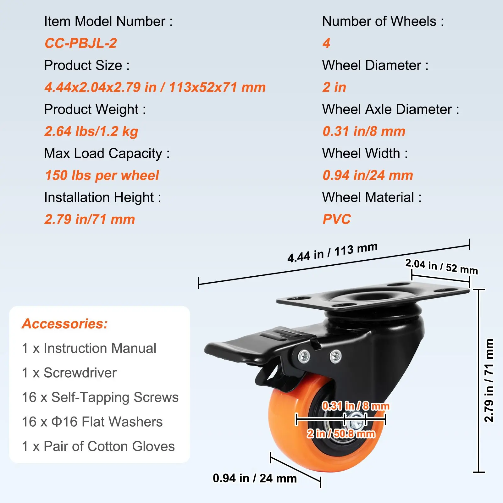 Caster Wheels, 2-inch Swivel Plate Casters, Set of 4, with Security Dual Locking No Noise PVC Wheels, Heavy Duty 150 lbs Load Capacity Per Caster, Non-Marking Wheels for Cart Furniture Workbench
