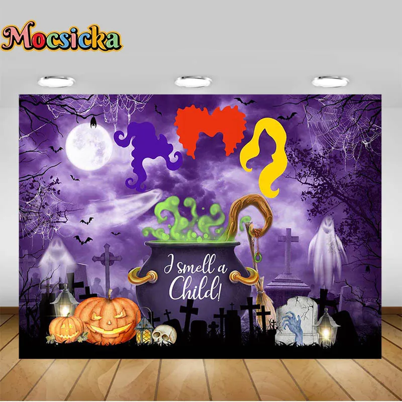 Mocsicka Photography Backdrops Halloween Witch Pumpkin and Cauldron Autumn Bats Animal Boiler Backgrounds Photo Booth Props