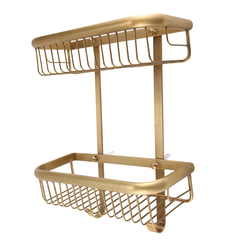 

Rectangular European-Style Bathroom Rack Storage Rack Wall-Mounted 30Cm Double-Layer Hook Rack Brass Gold