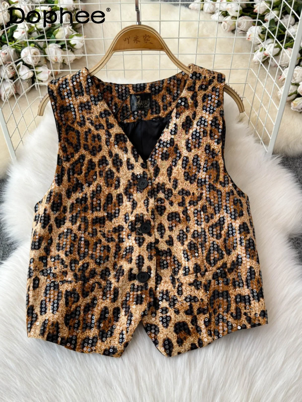 Fashion Leopard Print Sleeveless Jacket Women Short Vest Autumn 2024 New Versatile Outerwear Waistcoat V Neck Vest for Women