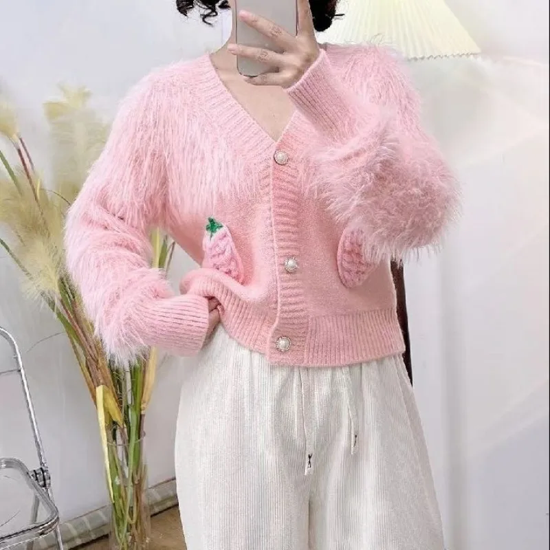 Cardigan Strawberry Soft Glutinous Sweater Coat Cardigan Women Autumn Loose V Neck Short Sleeve Knitted Sweater Cardigan Female