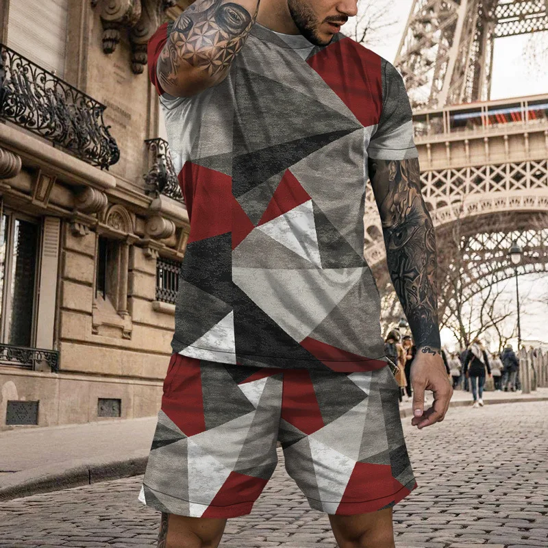 

Summer 2025 3D Oversized Round Neck Sportswear Street Ethnic Style Printed Men's T-shirt Shorts 2-piece Casual Set