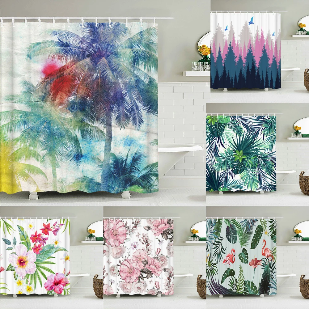 Tree leaves Pattern Bath Curtain Waterproof Fabric Shower Curtains Flowers Bathtub Screen With Hooks for Bathroom Home Decor