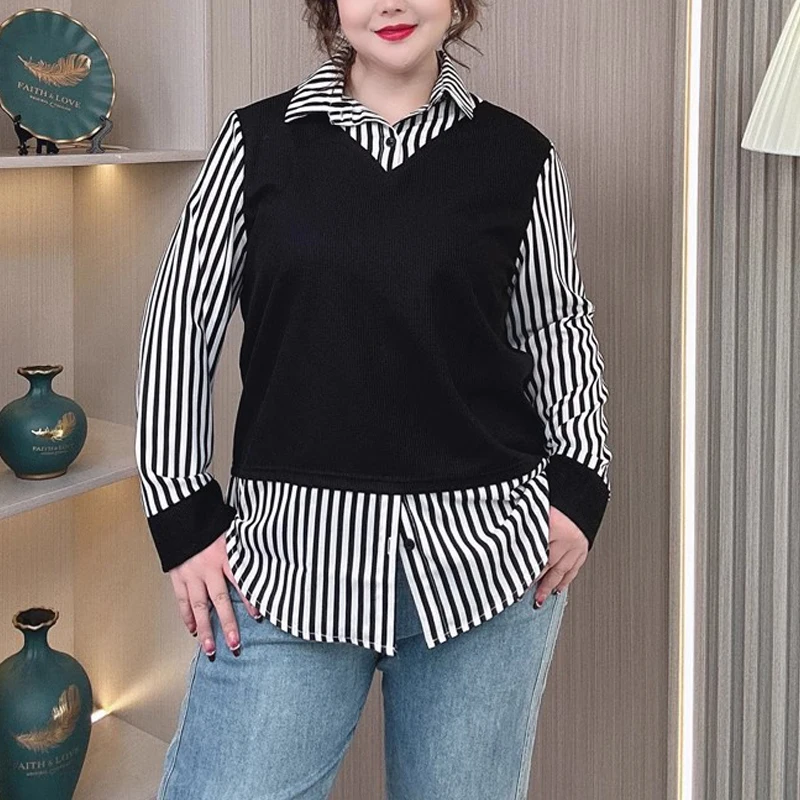 

Плюс размер, искусственная двухсекционная полосатая рубашка, женский повседневный топ с контролем живота, весеннее новое поступление, модное