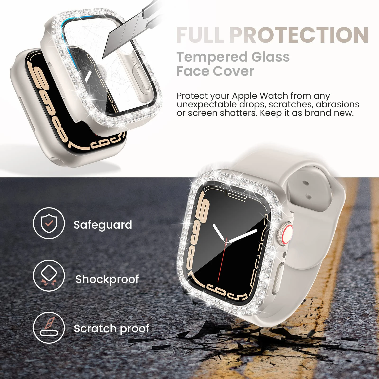 Capa de Vidro e Diamante para Apple Watch, Bling Bumper Protector, Case para iWatch Series 9, 3, 5, 6, 7, 8, SE, 40mm, 44mm, 41mm, 45 milímetros, 38 milímetros, 42 milímetros