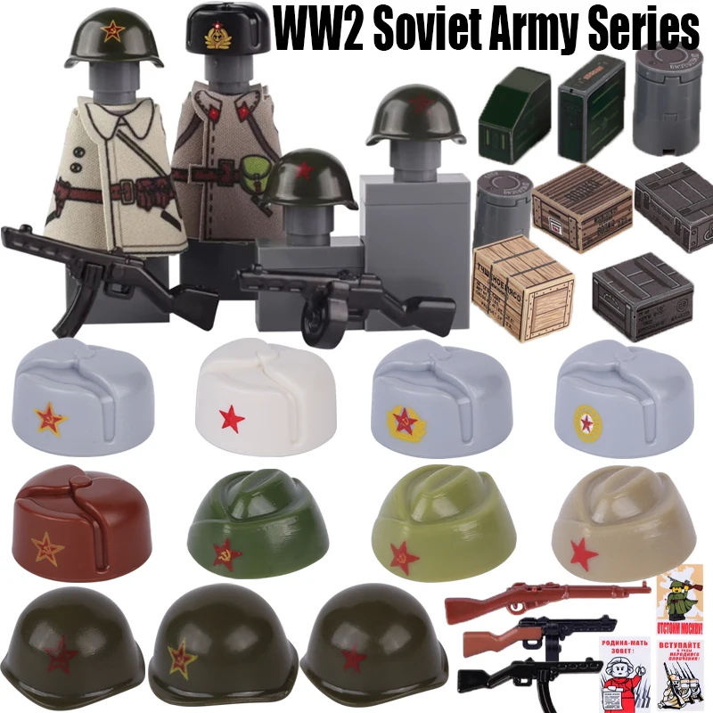 WW2 Military Soviet Helmet Building Blocks Army Officer Soldier Figures Hat Head Coat War Accessories Weapon Gun Bricks Gift Boy