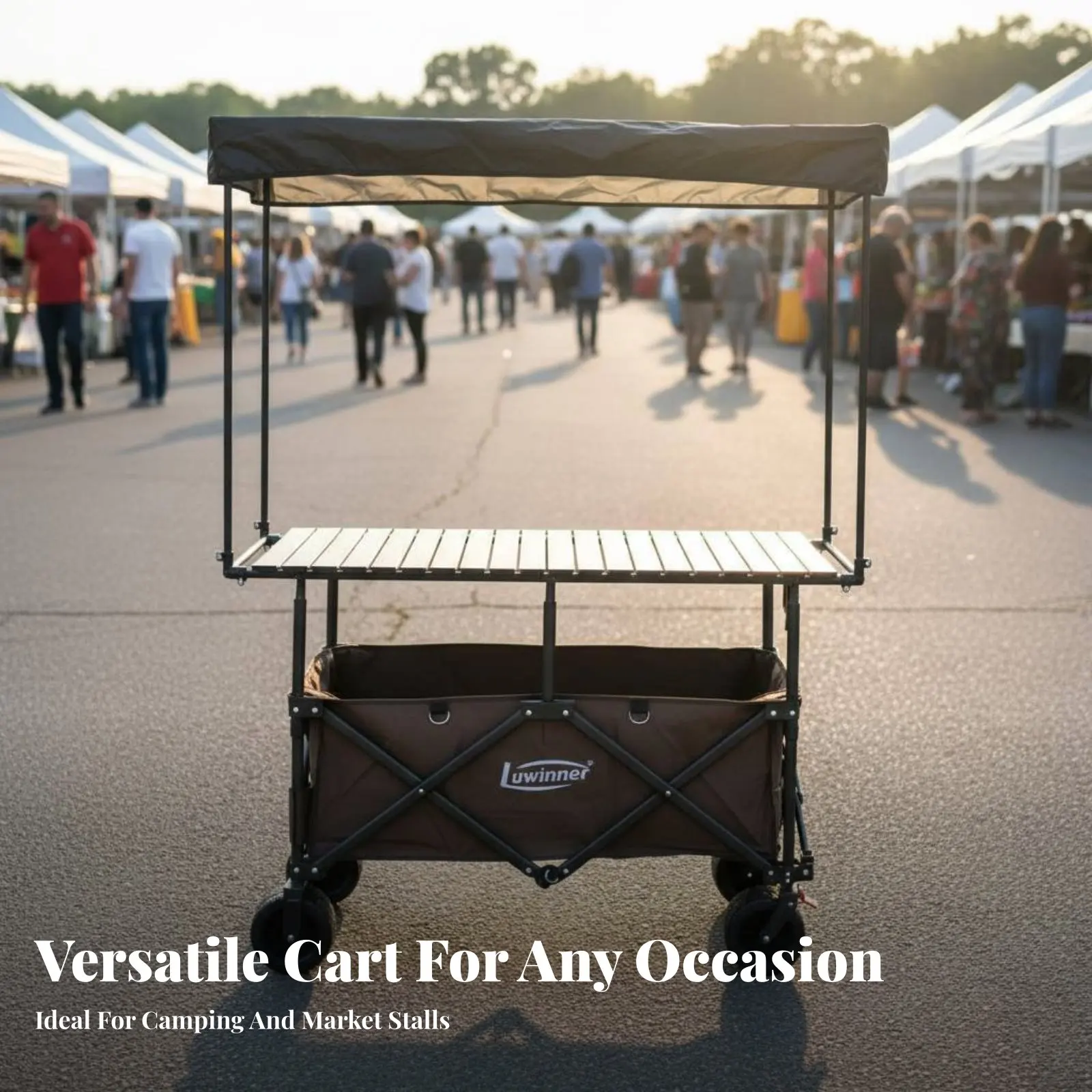 Foldable Utility Cart with Table Sets Up in Seconds Street Vending Cart Market Stall Trolley Multi-Terrain Wheels for Camping