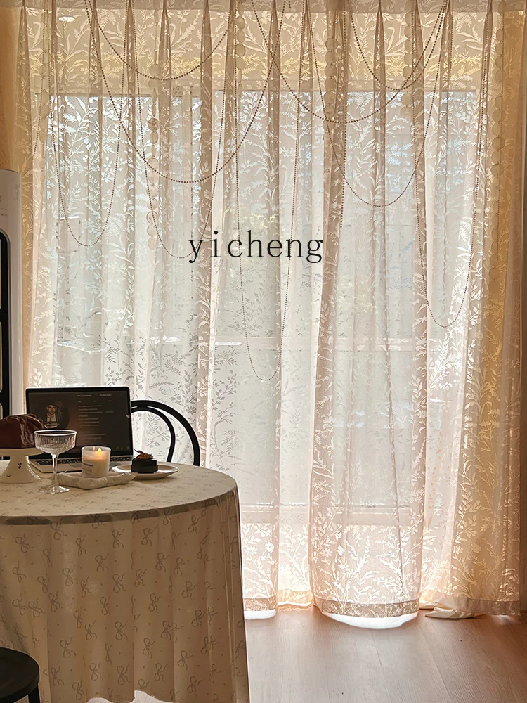 

TQH Curtains Living Room Balcony French Romantic Hollow-out Sheer Curtains Cream Style Moon Branch Shadow Custom Curtains