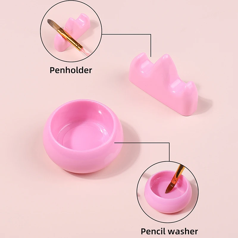 Porte-brosse à ongles rose en plastique, pour nail art, stylo gel acrylique UV, nettoyant, tasse de lavage, outils, 1 ensemble