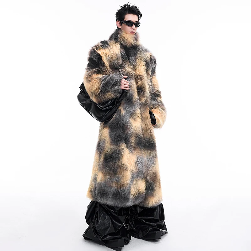 LUZHEN Scarf Decorate High Quality Luxury Imitation Fur Coat Cold Original Personalized Color Contrast Men Long Outerwear LZ7279