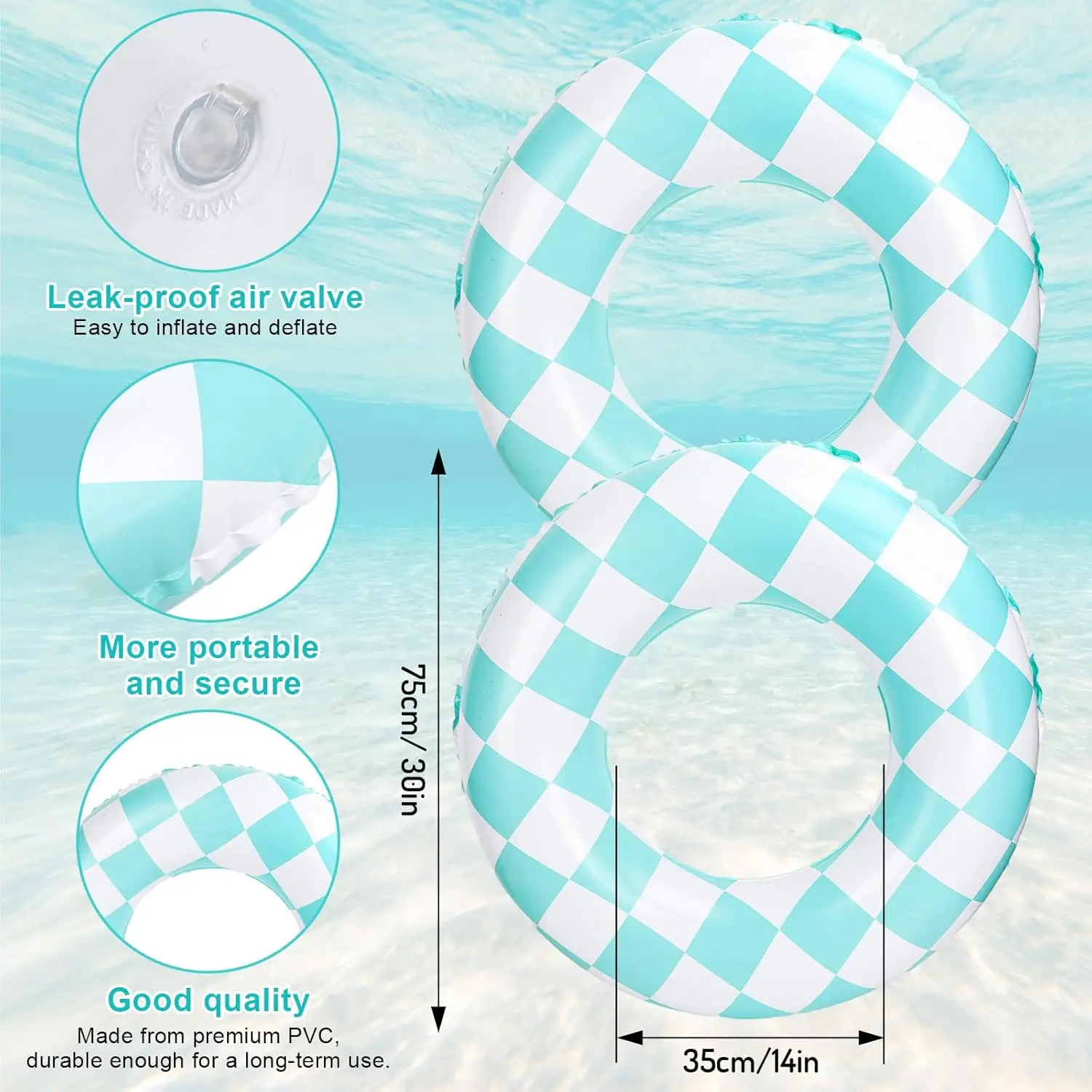 3 stuks opblaasbare zwembadvlotter retro blauw geruite zwemringen zwembadbuizen voor volwassenen tieners zomer strand vrijgezellenfeest