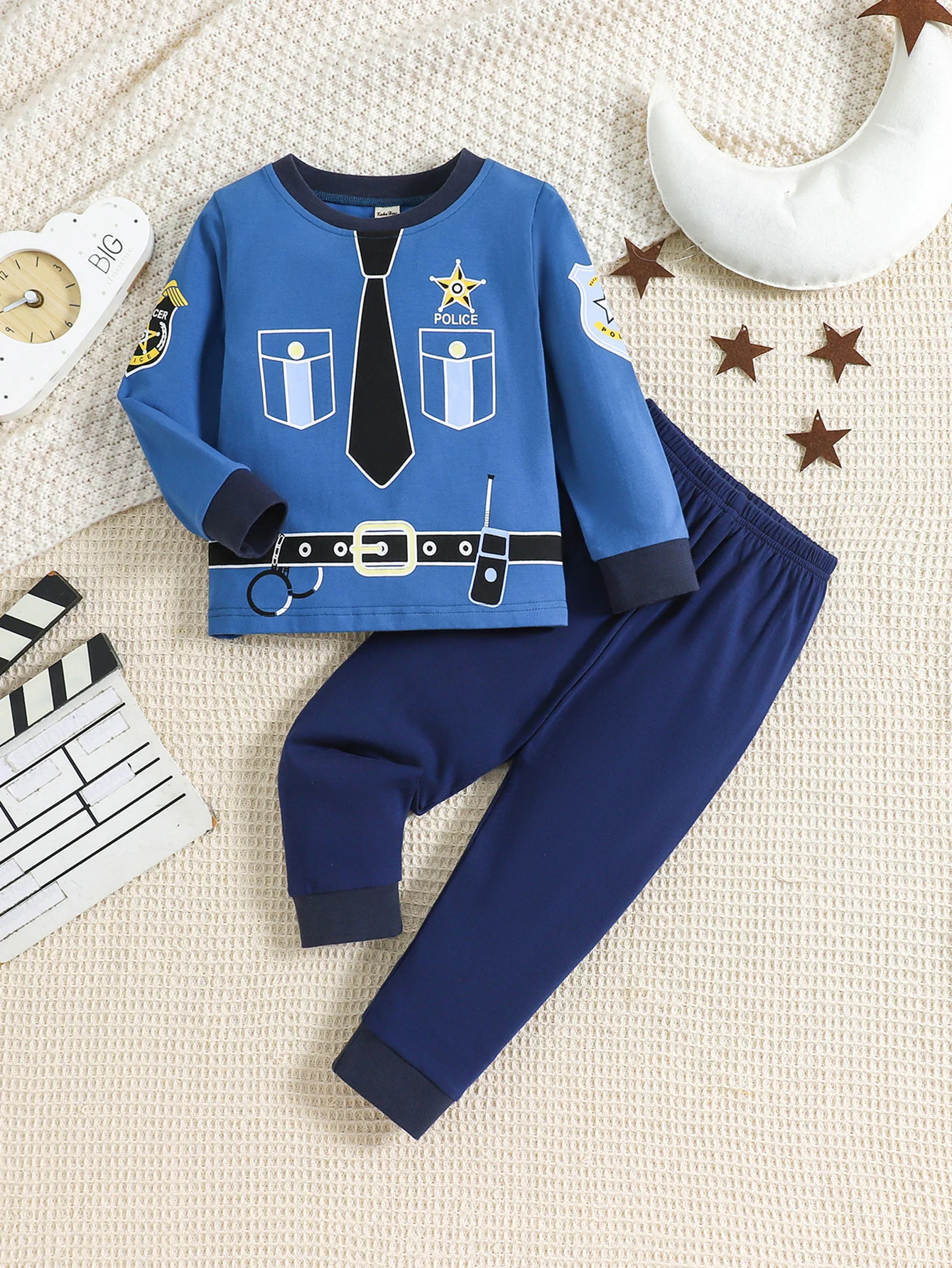 Boys 2-piece Trendy Pajama Sets Police Uniform Pattern Round Neck Long Sleeve Top & Matching Pants Comfy Casual PJ Sets