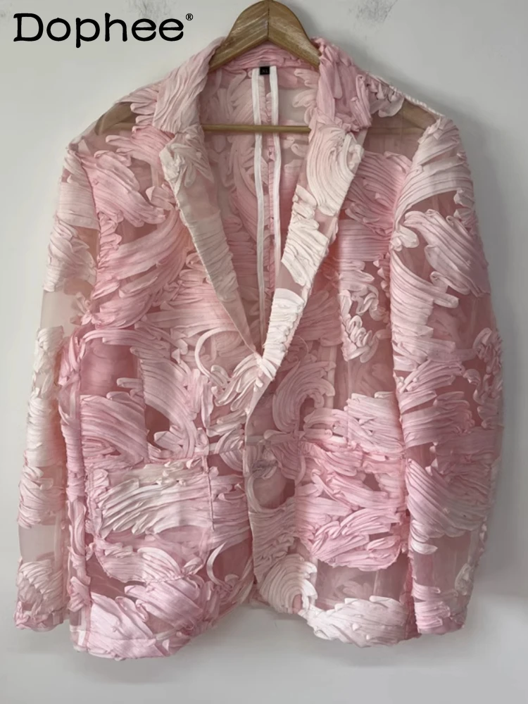 

Men's 2025 Spring Summer New Tops Pink Three-dimensional Flower Perspective Organza Design Chic Suit Jackets Sexy Casual Blazers