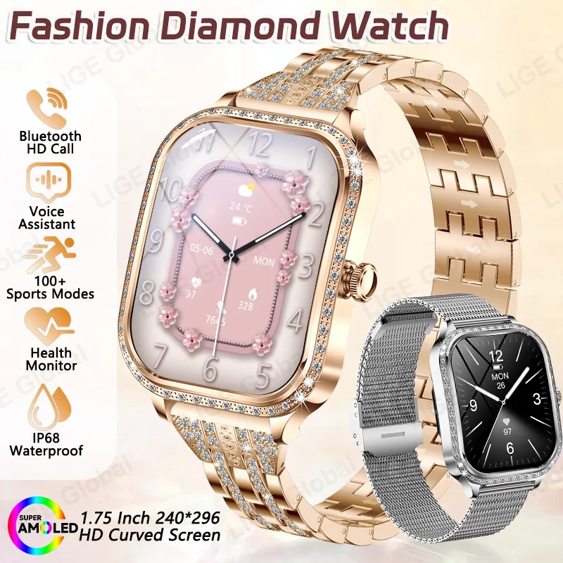LIGE New Luxury Smart Watch Heart Rate Monitor Fashion Lady Bracelet 2026 Bluetooth Call AMOLED Smartwatch Women For Android IOS