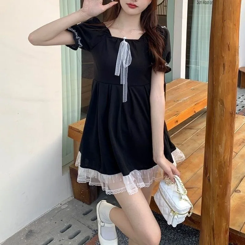 Lolita Sweet 2024 Summer New Women\'s Minimalist Square Collar Lacing Spliced Lace Puff Sleeve Fashion Slim Chic A-Line Dress