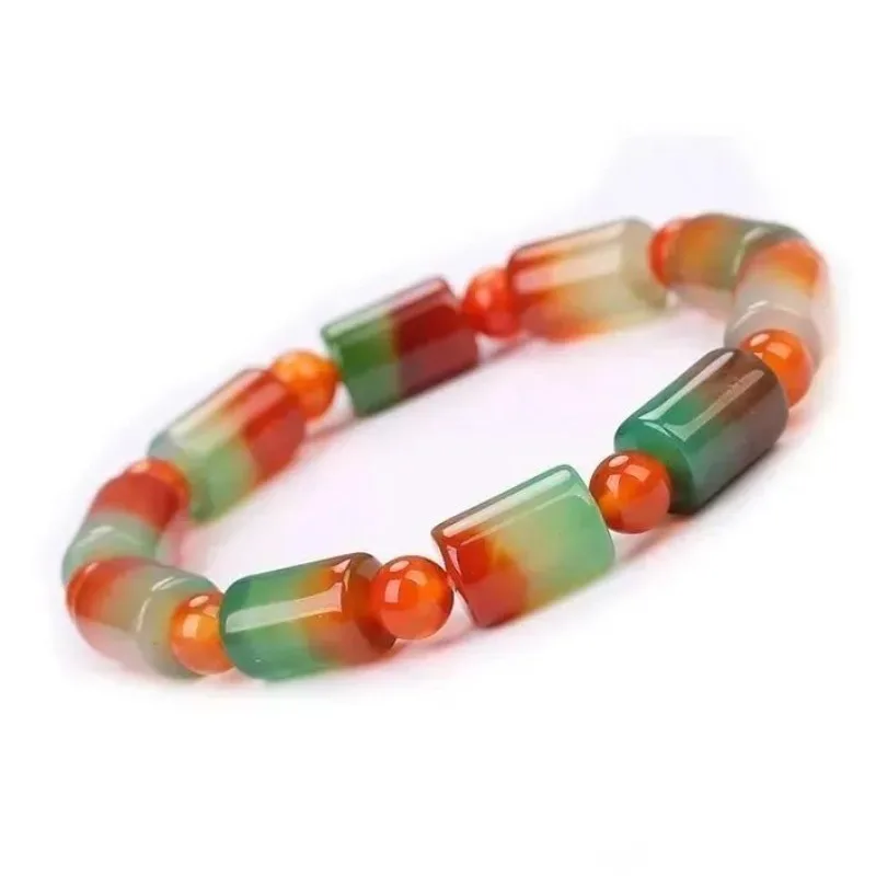 

Natural Red and Green Agate Bucket Bead Bracelet, Women's Plus Bead Barrier Popular Simple Bracelet.