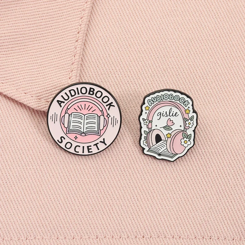 Cartoon Pink Book Enamel Pins Creative Audiobook Society Brooches Cute Headphone Books Lapel Badges Fashion Jewelry Accessory