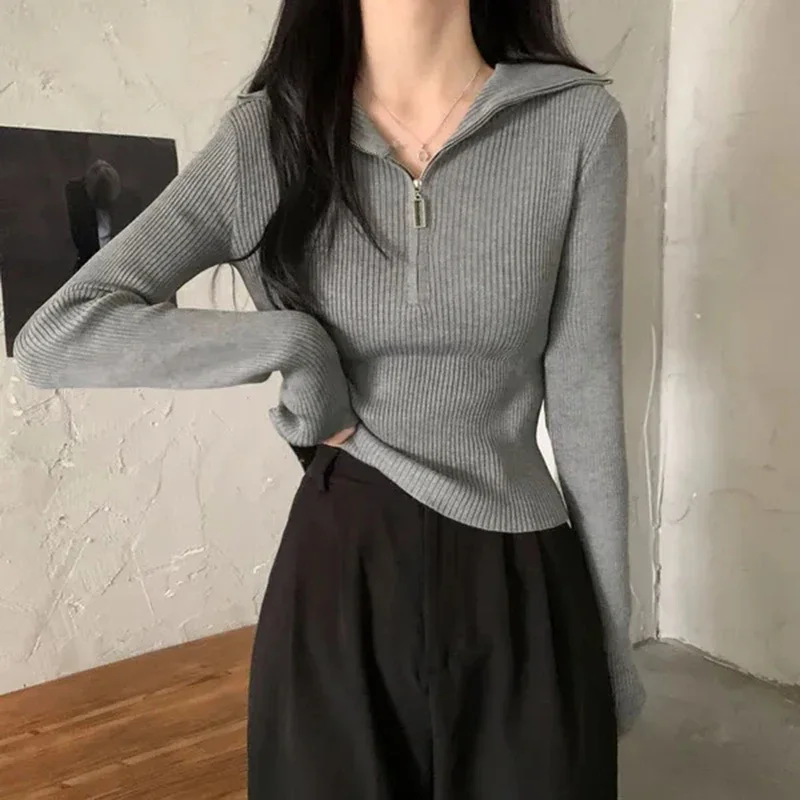 Xpqbb sweter rajut abu-abu antik wanita, jaket dasar polos Turtleneck Pullover ritsleting musim semi musim gugur untuk perempuan