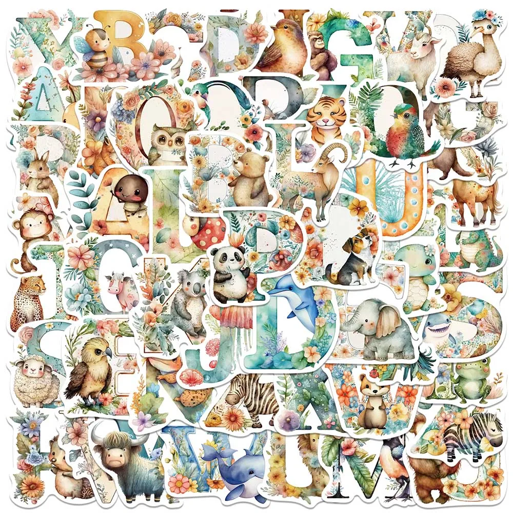 52pcs Cute Cartoon Animals Alphabet Stickers For Laptop Water Bottle Luggage Notebook Waterproof Graffiti Vinyl Decals