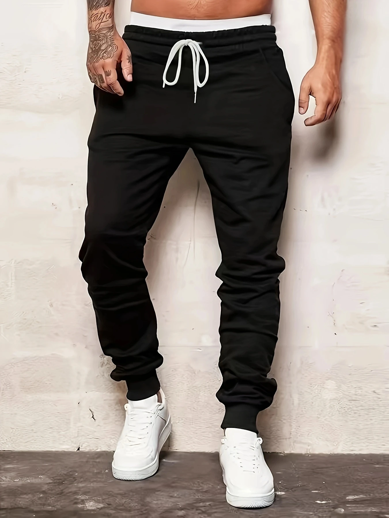 Calças casuais, calças com cordão para homens e mulheres, respiráveis, com bolsos e design simples, calças casuais, cor sólida simples, soltas e confortáveis