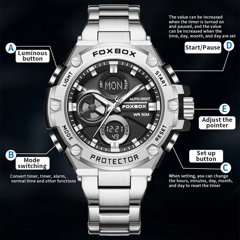 FOXBOX Fashion Military Electronic Man Watch Casual Sport Watches for Men Stainless Band Waterproof Dual Digital Week Date Clock