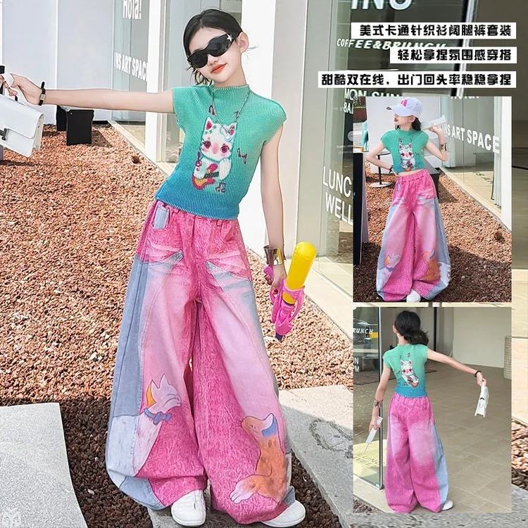 junior kid girls pink printed tie dye wide leg pants Green wrinkled cartoon cat tops Hip hop jazz street dance clothes outfits