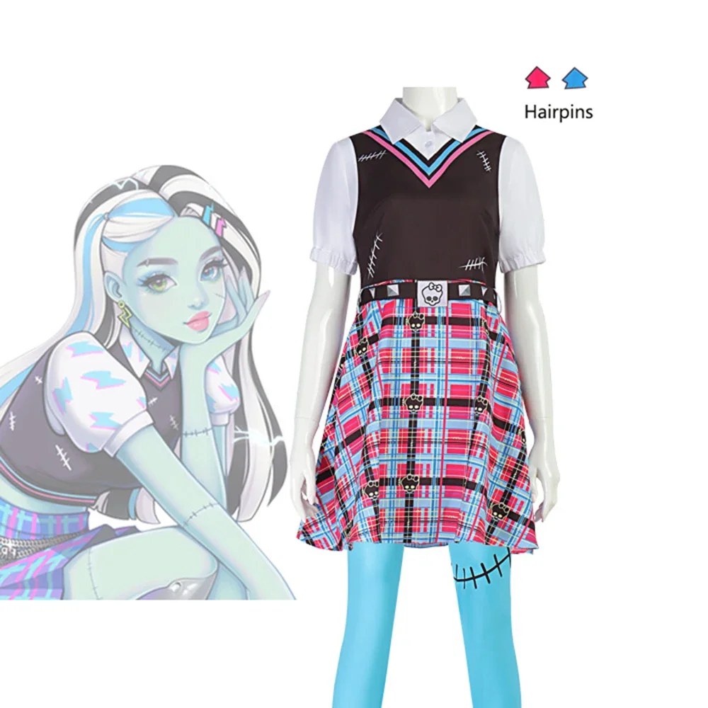 

Frankie Stein Cosplay Monster High Costume robe à manches courtes avec ceinture uniforme scolaire fête d'halloween pour femme