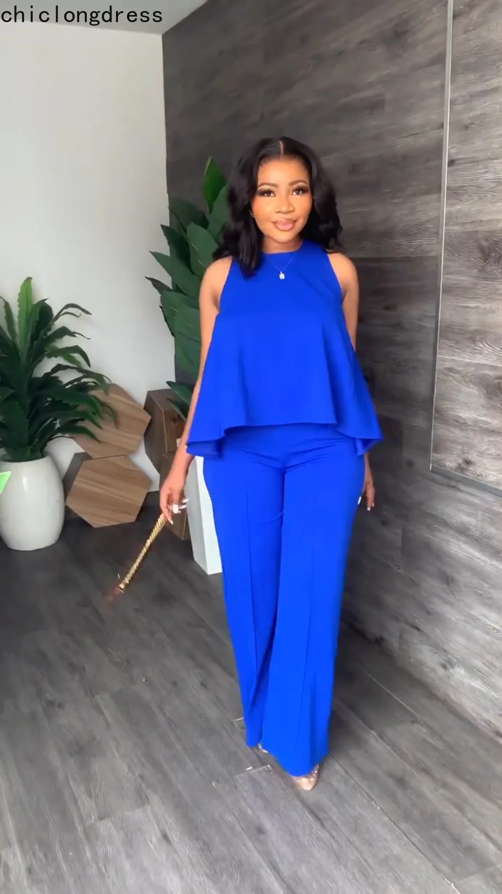 

Spring Summer Fashion Two Piece Set African Women Elegant OL Sleeveless Top Straight Pants Two Piece Set Women