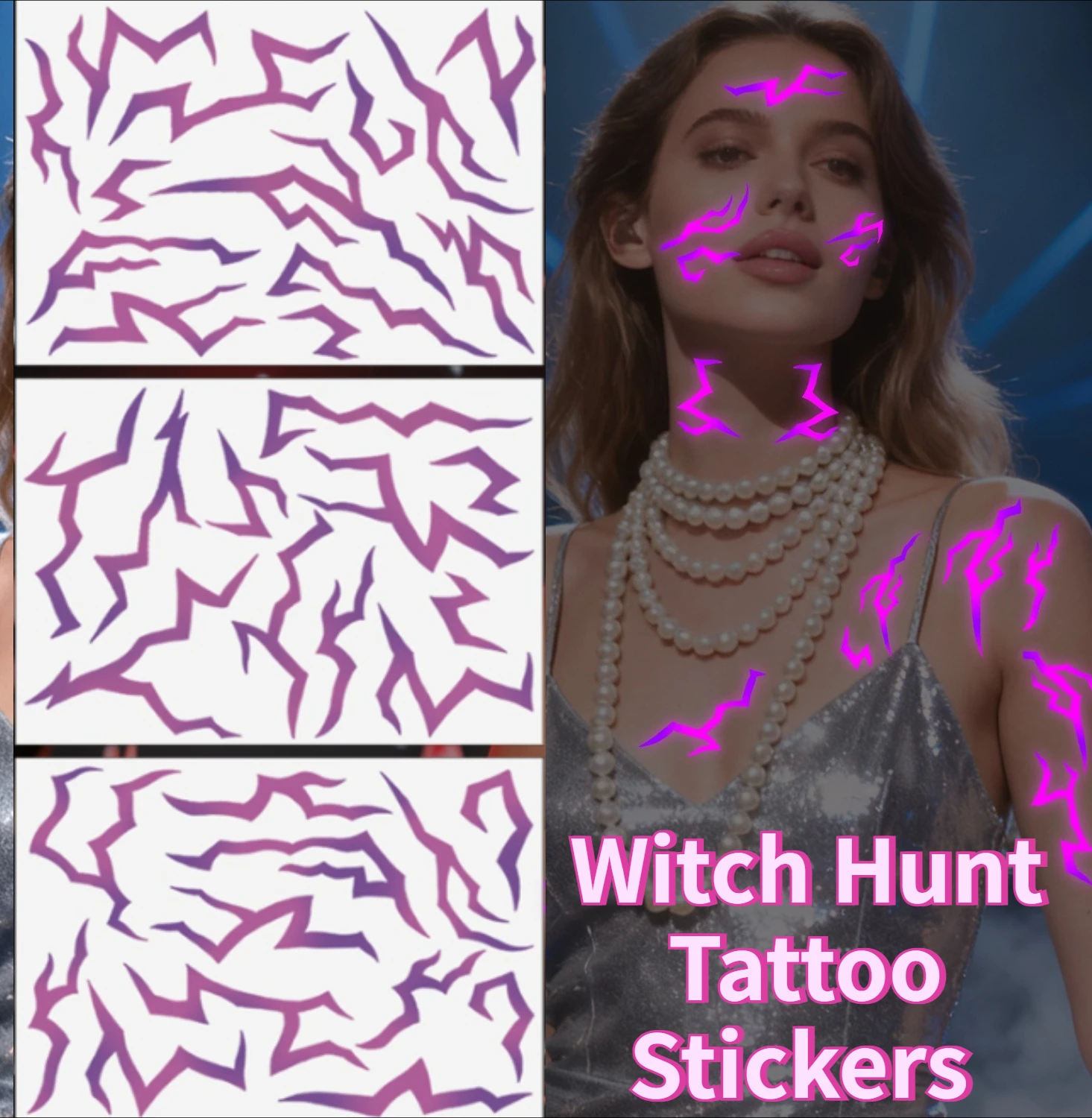 

New fluorescent witch hunt group glowing tattoo sticker, cool lightning demon hunter character Halloween makeup sticker