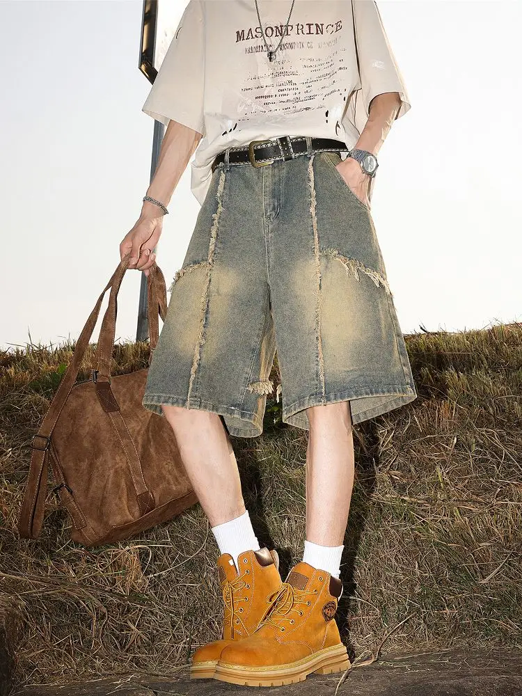 

Men's Distressed Denim Shorts Patchwork Wide Leg Loose Fit Casual Streetwear Jean Shorts