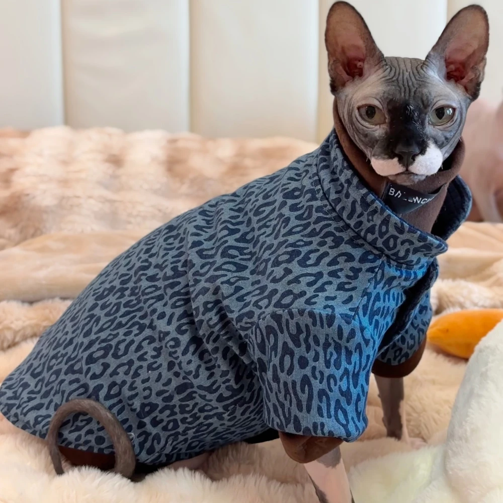 Fleece Sweatshirt Coat Suit for Sphynx Cat in Winter thick warm Costume for Kittens Dogs Soft Blue Leopard Jacket for Male Cat