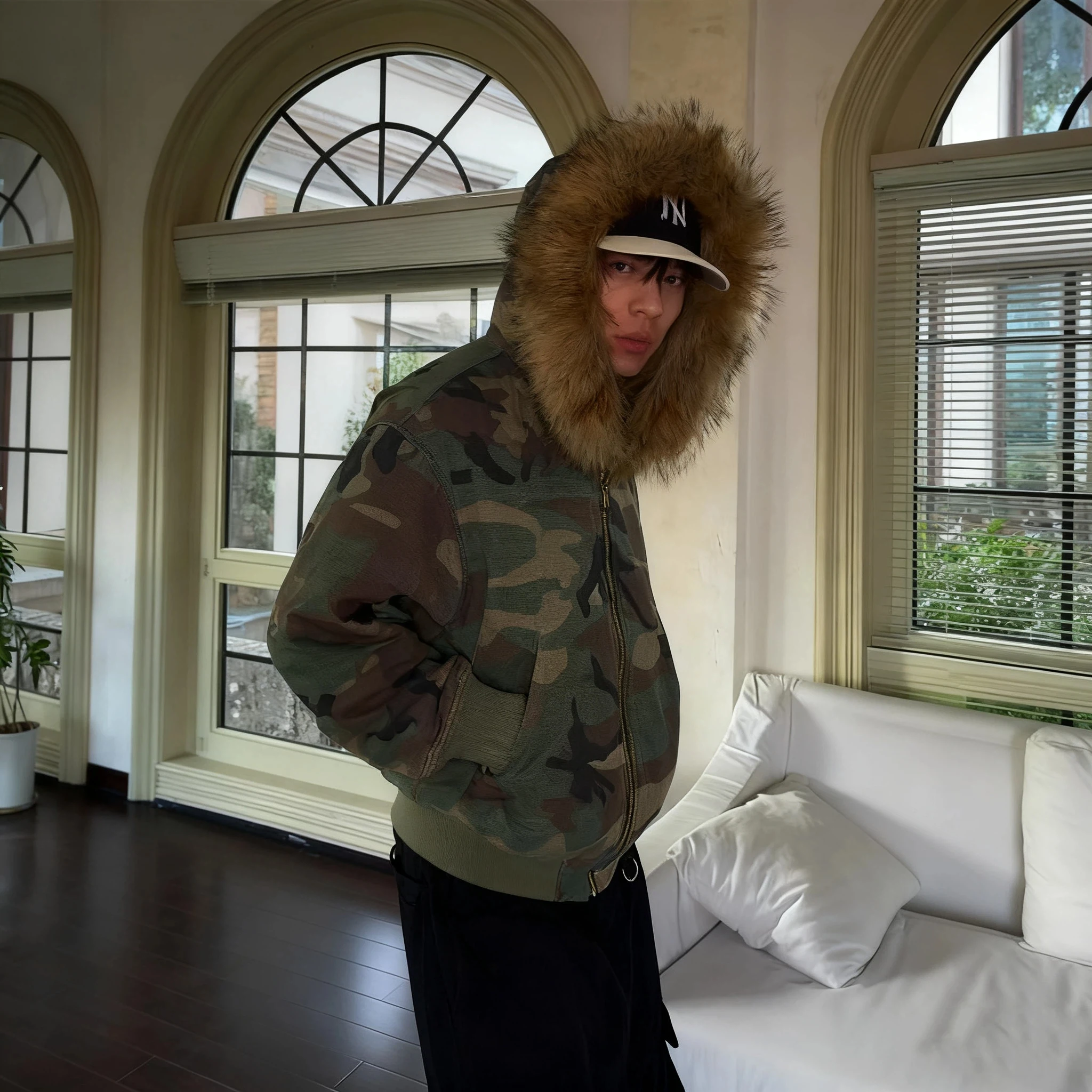 Men's Jacket Winter 2025 Warm Reversible Polar Lining Imitation Rabbit Neck Fox Camouflage Parka Male Feather Coat Winter Jacket