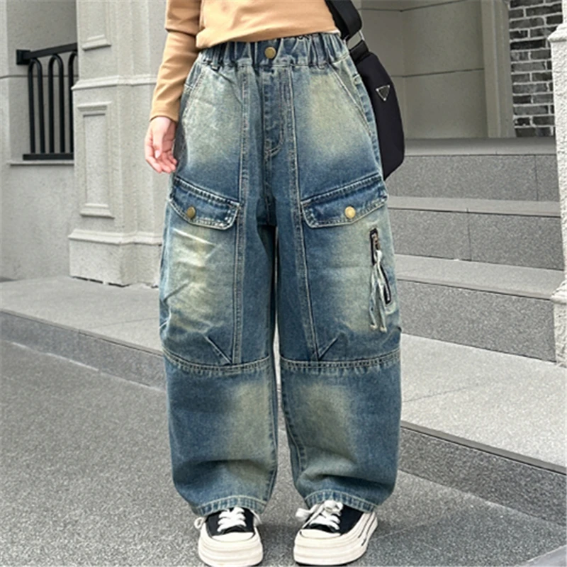 

Luxury Kids Distressed Cargo Jeans With Pocket for Teenage Girl Korean Street Style Denim Pants Children Vintage Casual Trousers