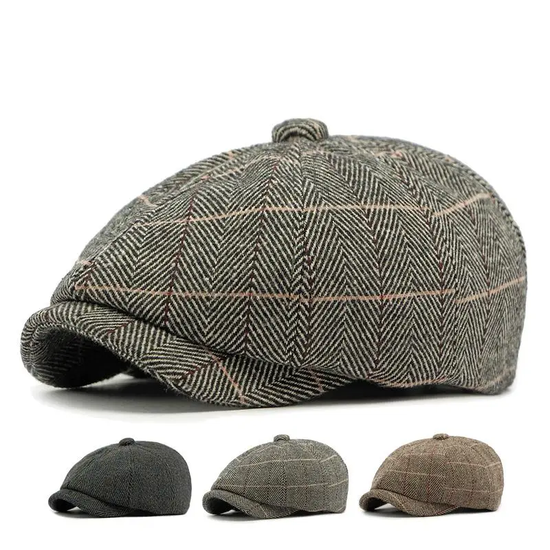 Vintage Style Plaid Beret Hat for Men Cotton-Poly Blend 56-59cm Curved Brim Perfect for Fall & Winter Newsboy Cap