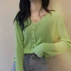 Cardigã feminino de malha comprida, blusa fina de gola aberta, camisa com ar gelado, verde sólido, moda primavera, outono